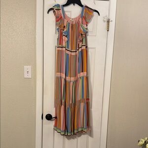 Entro Multicolor Striped Midi Dress with Ruffles